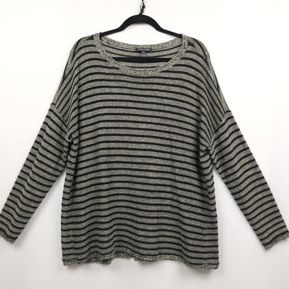 Eileen Fisher Sweater Womens Size L Linen Wool Pullover Tunic Beige Black Stripe